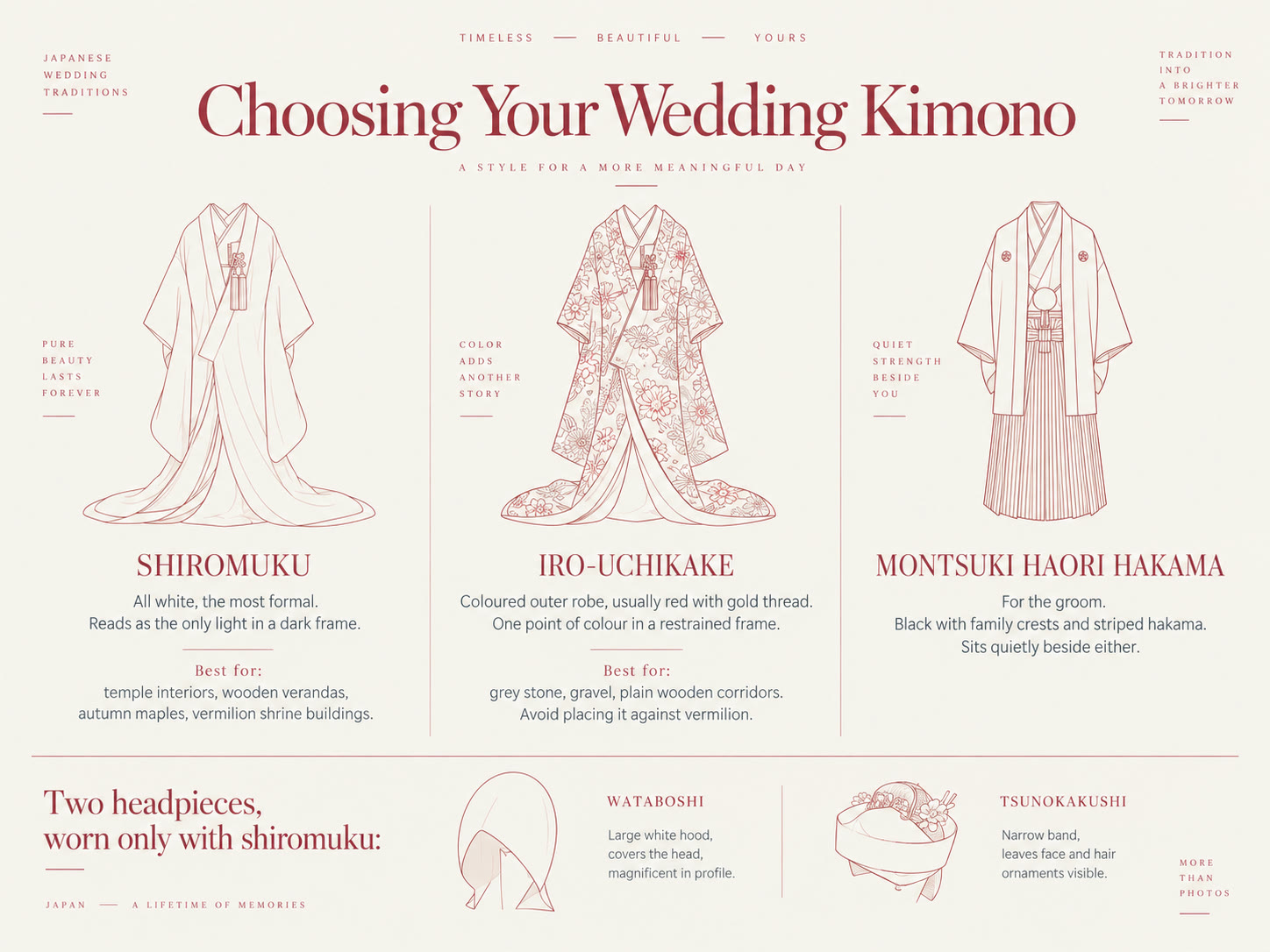 Comparison of Japanese wedding kimono: shiromuku in all white for temple interiors and autumn maples, red iro-uchikake for grey stone and plain corridors, montsuki haori hakama for the groom, with wataboshi and tsunokakushi headpieces