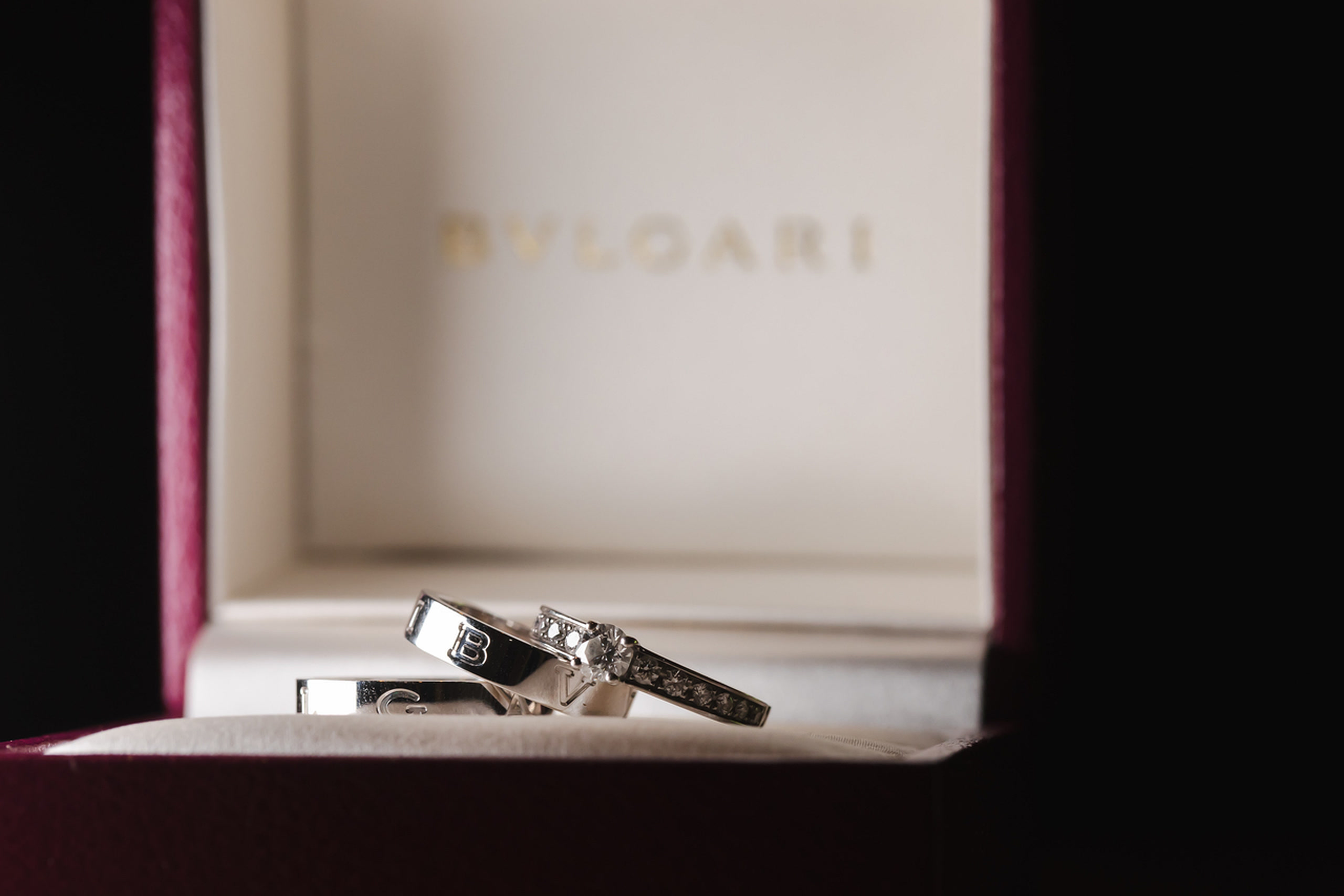 Pair of wedding rings in a jewellery box, photographed for a pre-wedding shoot in Japan