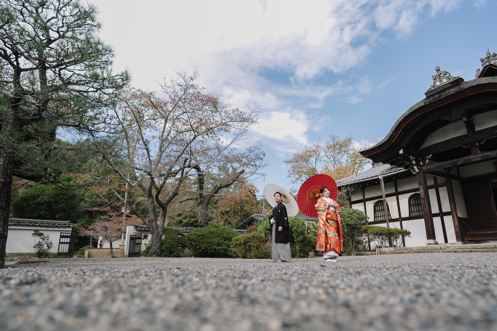 晴空下的京都寺院庭園與殿宇