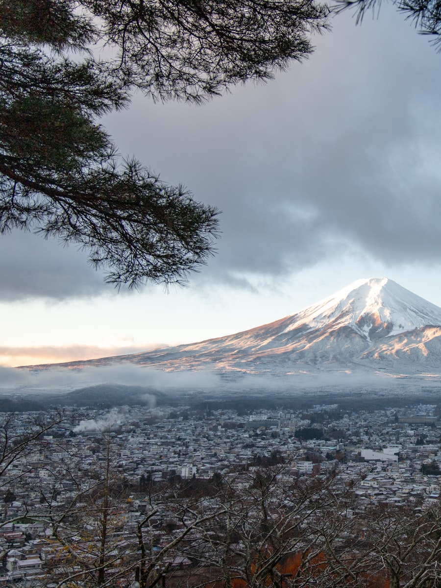 Five-story pagoda framing Mount Fuji, a famous viewpoint for wedding photos